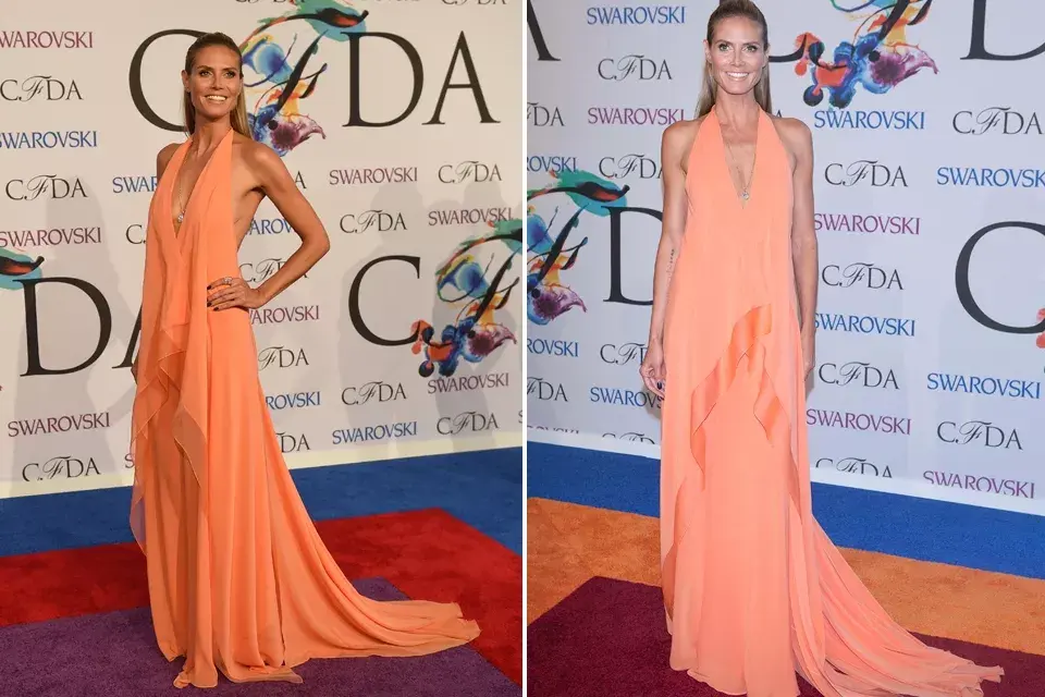 Otra de las famosas que se sumó al color fue Heidi Klum: maxivestido naranja de escote halter de la colección crucero 2015, by Donna Karan