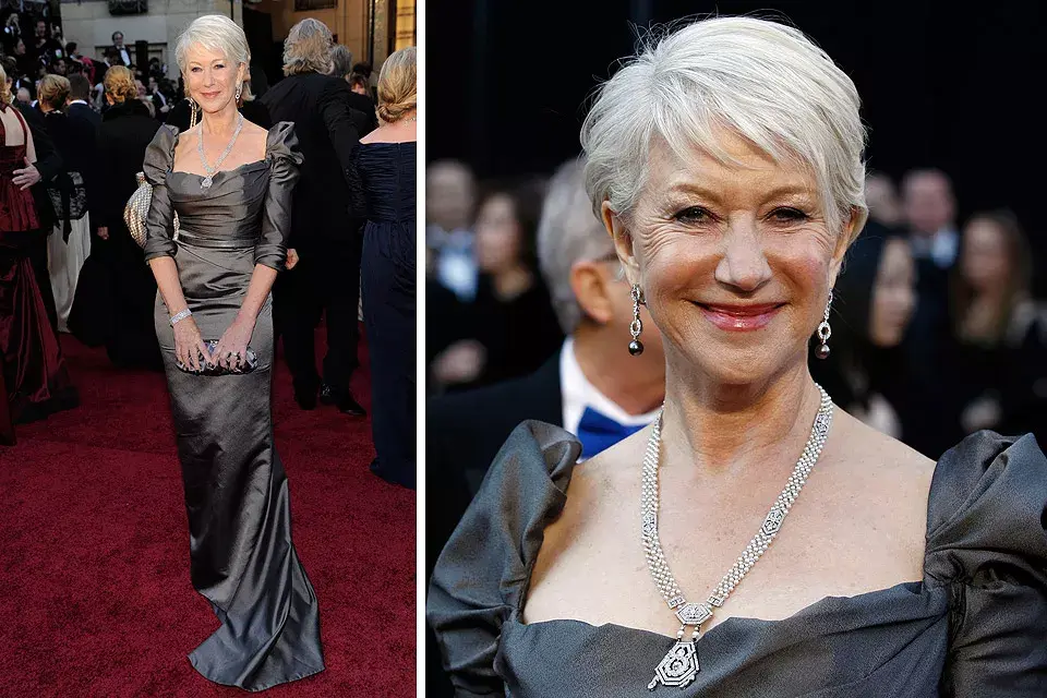 Distinguida y con un porte envidiable, Helen Mirren no pasó inadvertida con su vestido de tafeta color chocolate y joyas de Cartier