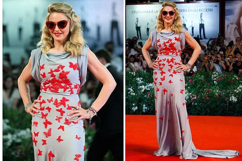 Madonna sorprendió con su vestido de Vionnet color lavanda con mariposas bordadas en rojo; ¿el touch? Los anteojos de sol retro con glitter