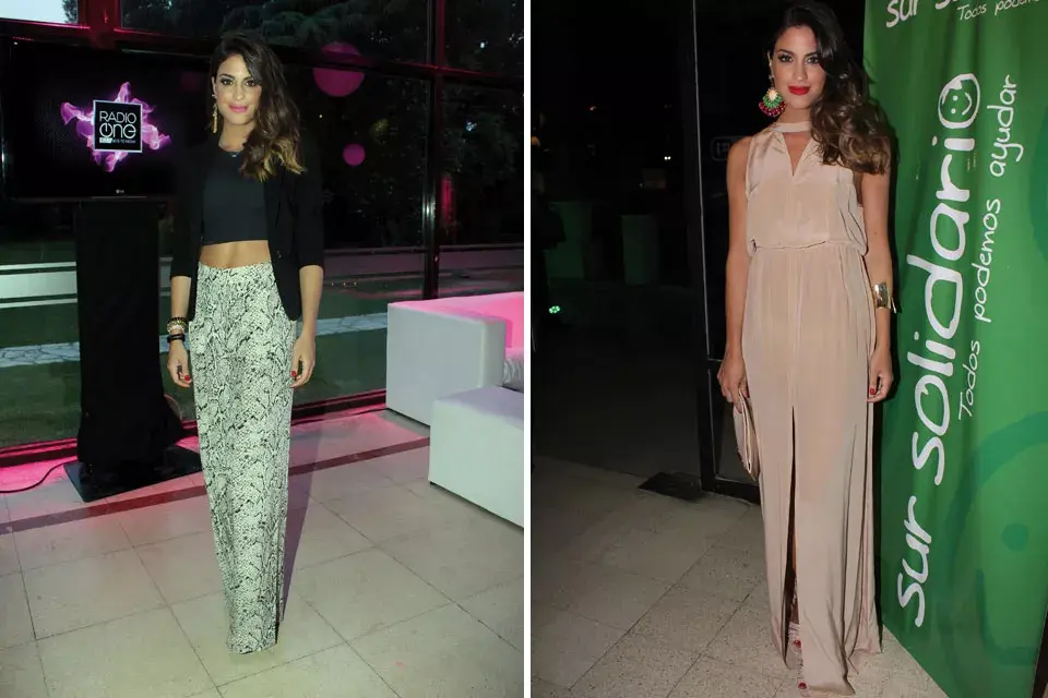 Agustina Casanova con dos looks bien distintos: blazer, crop top y palazzo animal print, y vestido largo color nude; ¿Qué opción te gusta más?