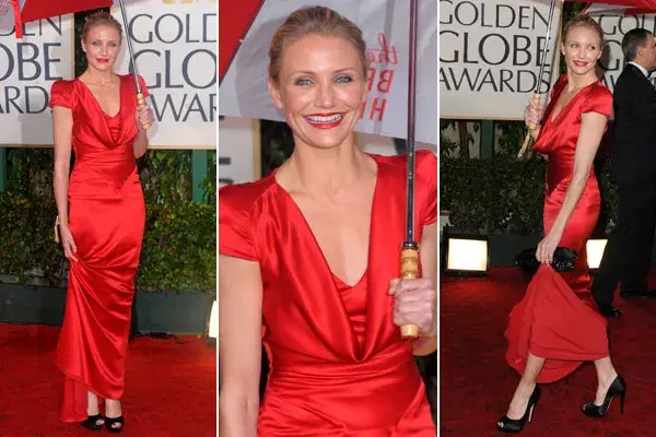 Imponente, en los Globo de Oro 2010, con un vestido rojo de Alexander McQueen