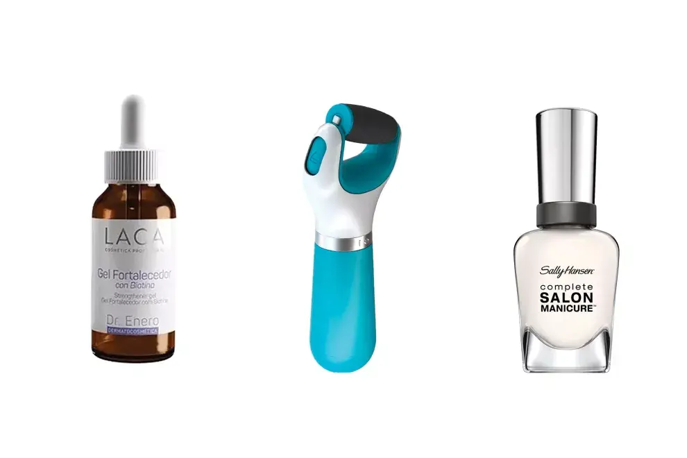 Gel fortalecedor con biotina, Laca, $650. Exfoliador eléctrico, Amopé, $1400. Esmalte blanco Complete Salon Manicure, Sally Hansen, $680.