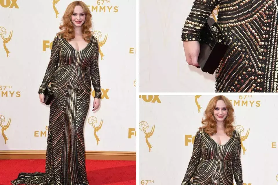 Christina Hendricks con un imponente vestido, al mejor estilo art deco, firmado por Naeem Khan