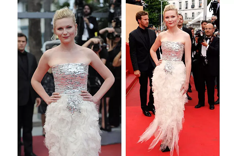 Siempre fiel a la maison Chanel, Kirsten Dunst eligió un strapless de bustier espejado y falda de organza arrepollada