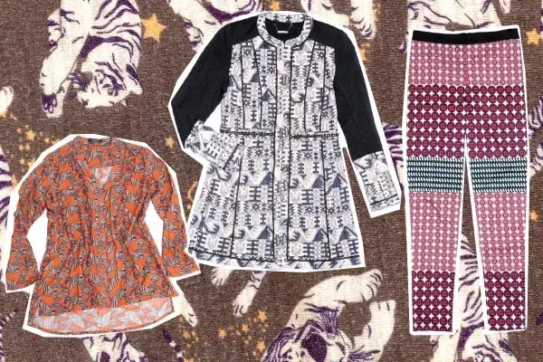 Camisa naranja con pajaros, Vitamina. Abrigo estampado con tachas en la cintura, Tucci. Calzas con mix de estampas, Tucci