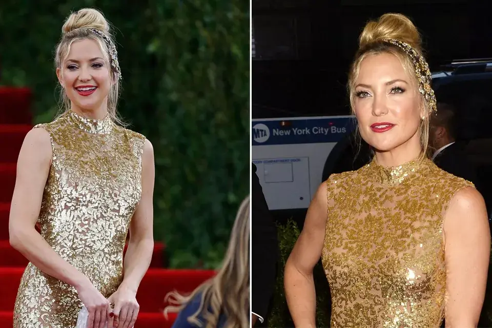Kate Hudson también llevó un tocado, aunque mucho más discreto, en dorado y negro