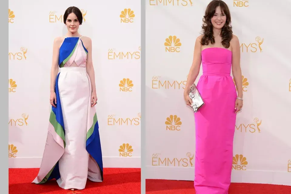 Downtown Abbey por Rosie Assoulin. ¿Qué se puso? Un vestido en rosa pastel, azul y verde de inspiración sari. Por su parte, Zooey Deschanel, elegantísima con un diseño fucsia de escote palabra de honor vestida por Oscar de la Renta