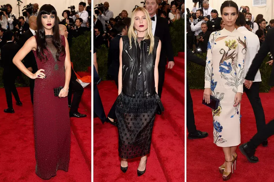 Tres looks bien distintos en la gala del MET: Adriana Lima por Marc Jacobs, Dree Hemingway con una larguísima falda de plumeti y chaleco de cuero, y Emily Ratajkowski, por Topshop