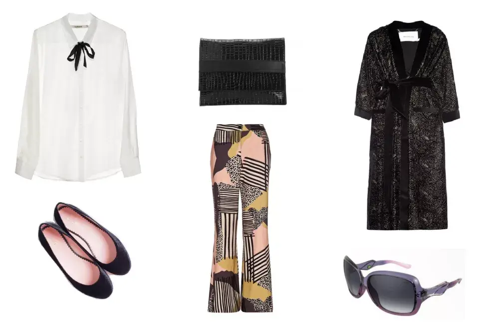 Lentes (Mormaii) Camisa (Cacharel, $1900) Pantalón (Vero Alfie, $2680) Tapado (María Cher, $3998) The net Boutique) Chatitas (Mia Ballerina) Sobre (Via Uno, $1699)