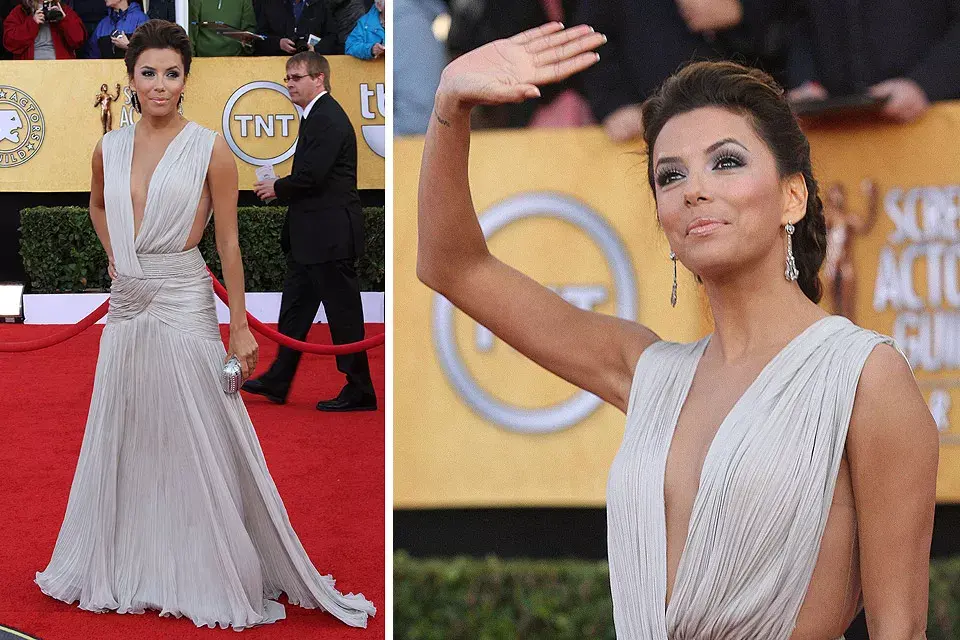 Muy jugado el look de Eva Longoria, que eligió un diseño drapeado en color tiza de Georges Hobeika. El vestido tenía un escote muy profundo y era abierto a los costados