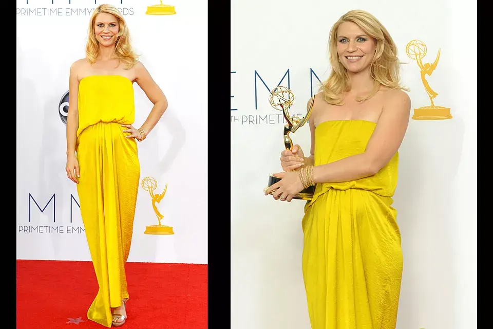 Claire Danes, no solo se llevó un premio por Homeland, sino que también lució su pancita de varios meses de embarazo con un vestido amarillo canario de Lanvin