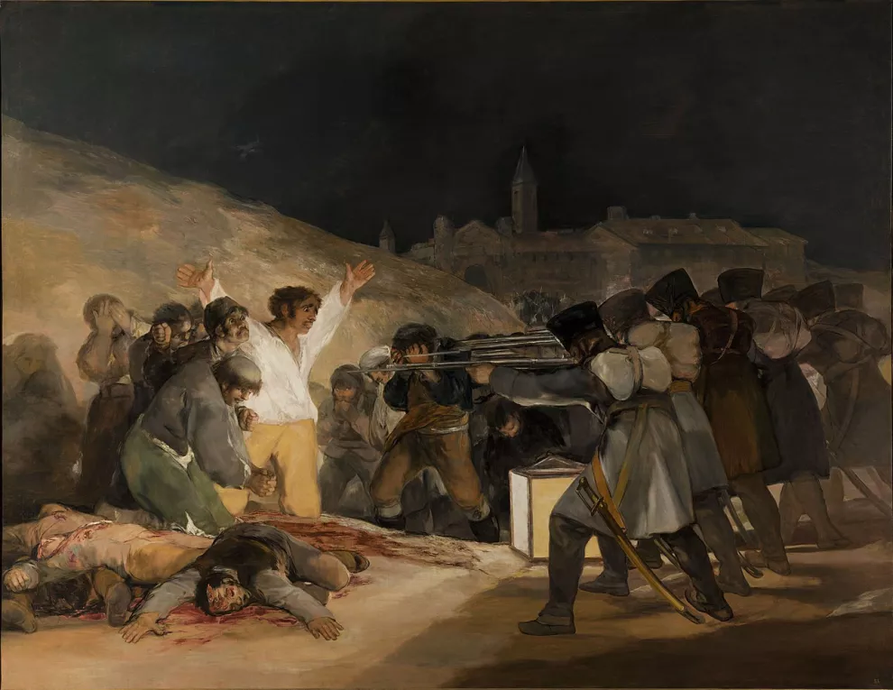 En un juego de luces y sombras, Francisco de Goya y Lucientes resalta la tensión del momento en el que un grupo de madrileños está a punto de ser fusilado.