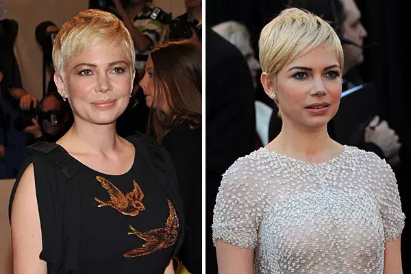 Michelle Williams, rubia y con el pelo hacia el costado