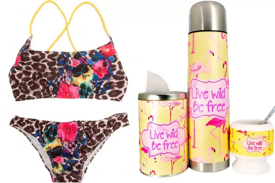 Traje de baño print floral, La Braga, $680 / Set matero de diseño, Cachita, consultar precio