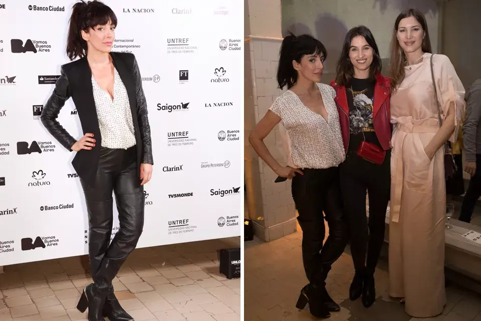 Paula Kohan x 2 en un desfile de Bienal al Sur: a la izquierda, de chaqueta y pantalones negros engomados, botas y una camisa escotada y a la derecha, con sus amigas Cinthia Garrido -con una chaqueta biker roja divina- y Soledad Ainesa, con un mono color salmón que nos encantó
