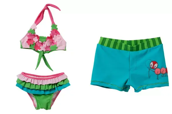 Bikini para nenas coquetas ($158) y traje de baño con gusanito para los nenes ($104) de Zuppa