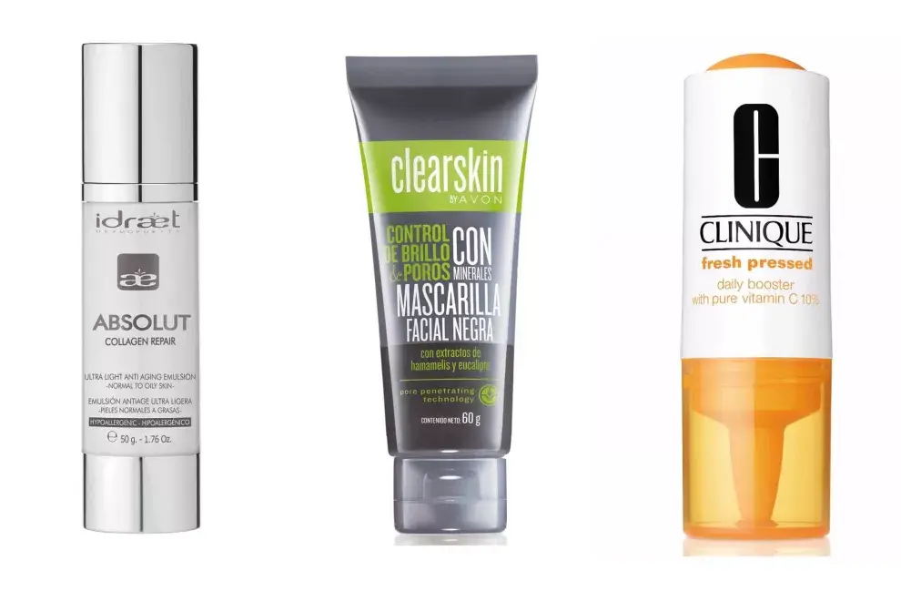 Absolut Collagen Repair, emulsión que reduce la profundidad de líneas finas y arrugas, $535, Idraet. Clearskin mascarilla facial negra con minerales, $180, Avon. Fresh pressed, booster de vitamina C, Clinique 