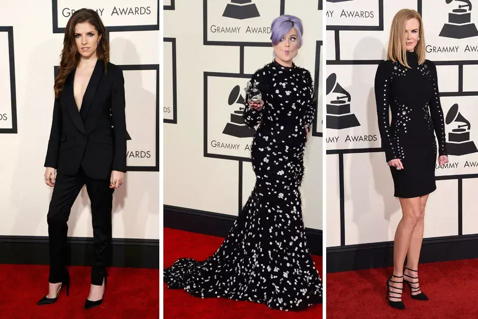 Tres de negro. Anna Kendrick con un esmoquin de Band of Outsiders, Kelly Osbourne con un diseño de Christiano Siriano y nicole Kidman con el look número 1 de la colección pre-fall 2015 de Mugler; ¿Cuál te gusta más?