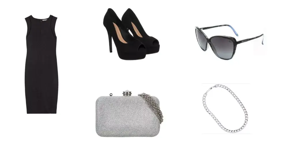 Collar (María Rivolta, $610) Sobre (Brandy, $459) Anteojos (Elizabeth Arden, Interoptica) Zapatos (Via Uno, $1999) Vestido (Awada, $1400)