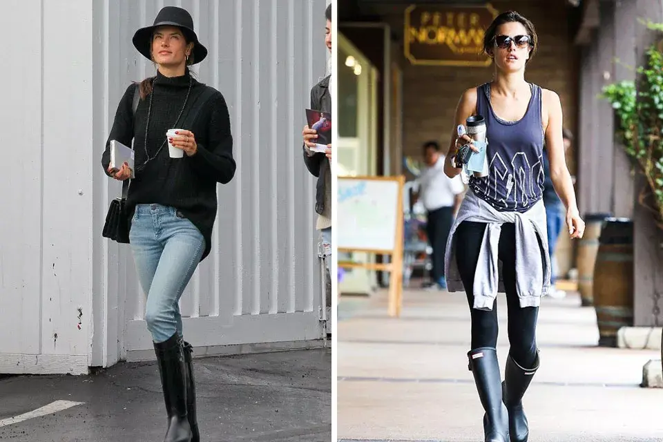 Alessandra  Ambrosio con dos opciones distintas: la primera un poco más arreglada, incluye sombrero, jeans y botitas de lluvia. La segunda, más deportiva, con musculosa y calzas. ¿Cuál te gusta más?