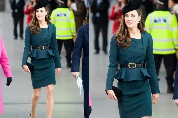 Kate Middleton y un clásico de su guardarropa, blazer corte peplum, falda tubo y cinturón marcando la cintura