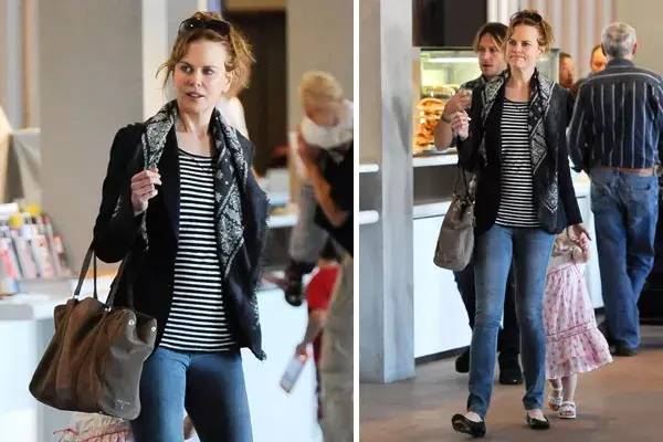 Muy casual, Nicole Kidman optó por el jean ajustado con remera rayada -para darle un aire navy- chaqueta de cuero y chalina; la cartera en marrón, desentonaba el conjunto