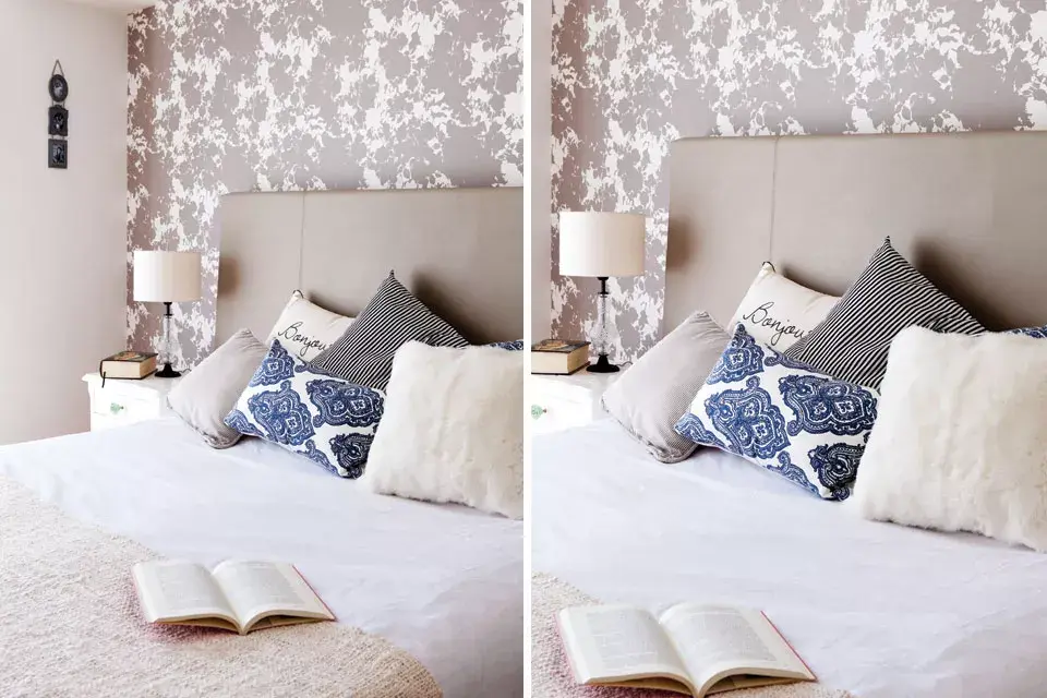 el empapelado del es de picnic decor ($150 el rollo) y los almohadones que tiene sobre la cama son de belgika (desde $270)