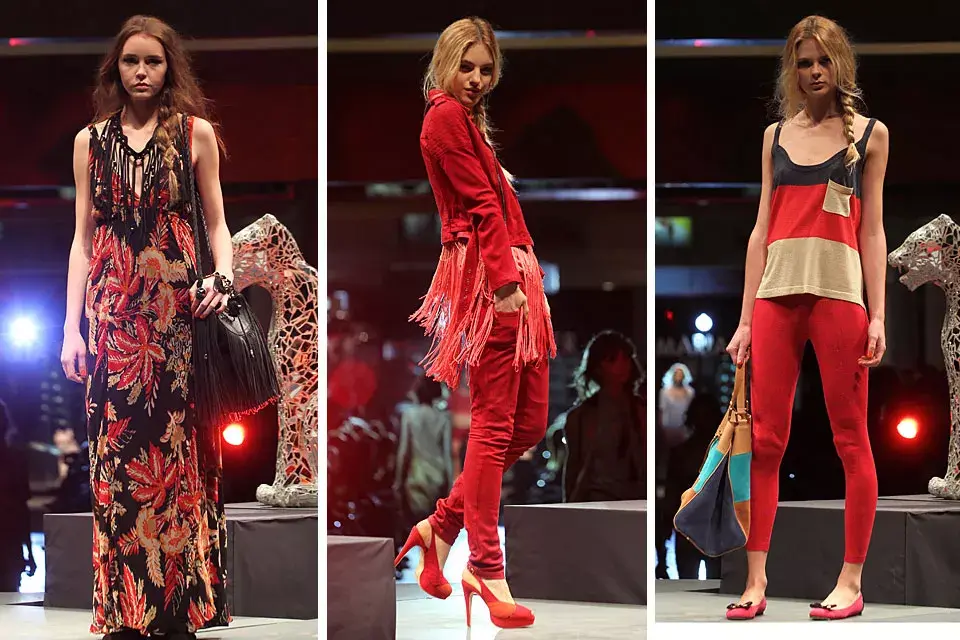 Conjuntos en rojo, combinados con negro y camel