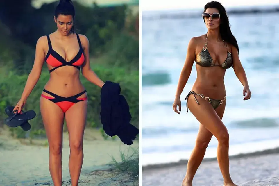 ¡A la playa con glamour! Kim Kardashian prefiere las bikinis más llamativas: la primera opción, una propuesta de Agent Provocateur, deja al descubierto sus exuberantes curvas. La segunda, metalizada con apliques dorados y cadenas