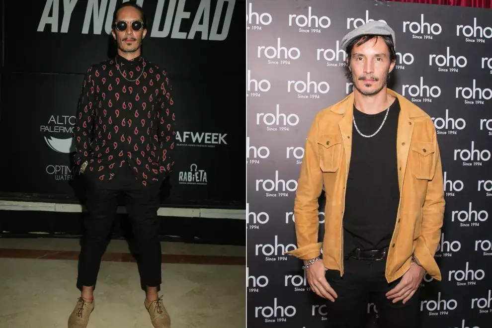 Emanuel Horvilleur x 2: a la izquierda, con camisa estampada y anteojos redondos en el desfile de Ay Not Dead en Bafweek, y a la derecha, con campera de denim amarilla y gorra en la presentación de la nueva campaña de Roho