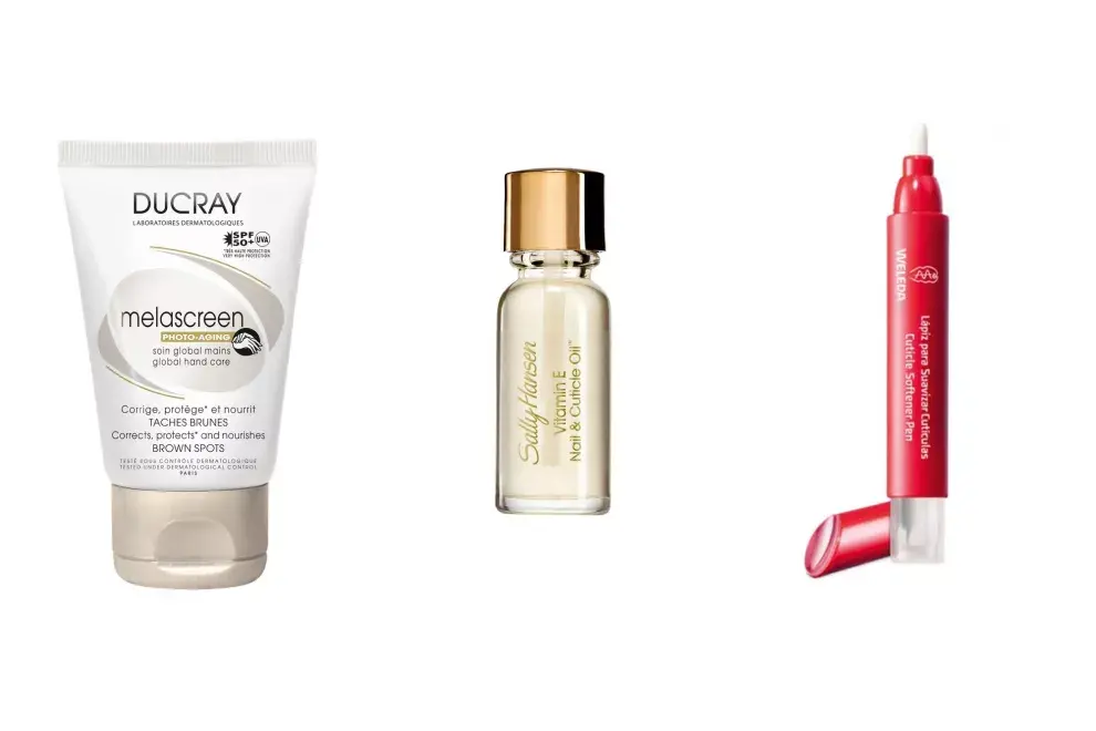 Melascreen, crema hidratante para manos, disminuye las manchas y arrugas, $320, Ducray. Vitamine E Nail & Cuticle Oil, aceite de vitamina E, suaviza las cutículas y nutre las uñas secas y débiles,$198, Sally Hansen. Lápiz para suavizar cutículas, $210, Weleda