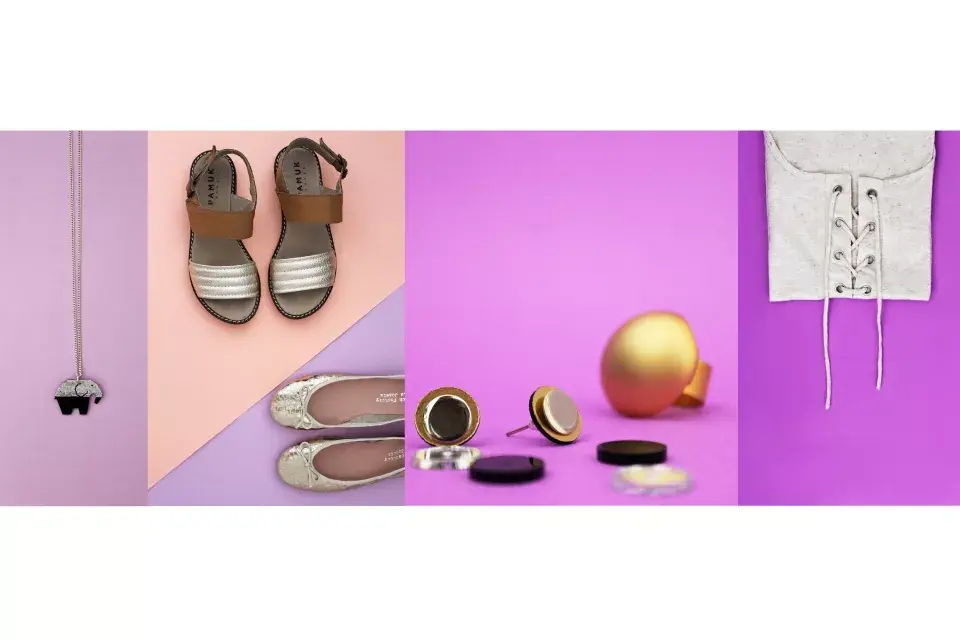 Collar elefante $220 de Iskin / Sandalias marrones y doradas $1125 de Pamuk / Balerinas $1190 de The French Factory / Aros con piezas intercambiables $249 y anillo dorado $689 de Caudal / Remera $390 de Tibetano /