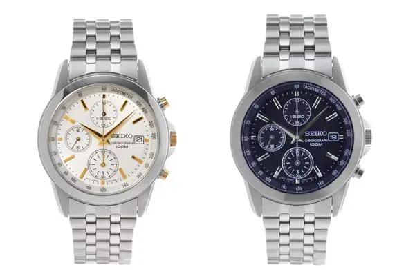 Relojes cronógrafos de Seiko Watches; la caja y la malla están realizadas en acero inoxidable, poseen taquímetro y calendario. Son resistentes al agua hasta los 100 metros ($1159)