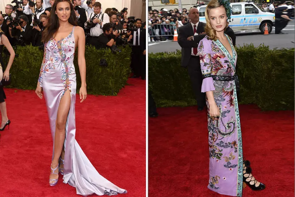 Lila, otro color elegido. Irina Shayk by Atelier Versace y Georgia May Jagger, por Gucci