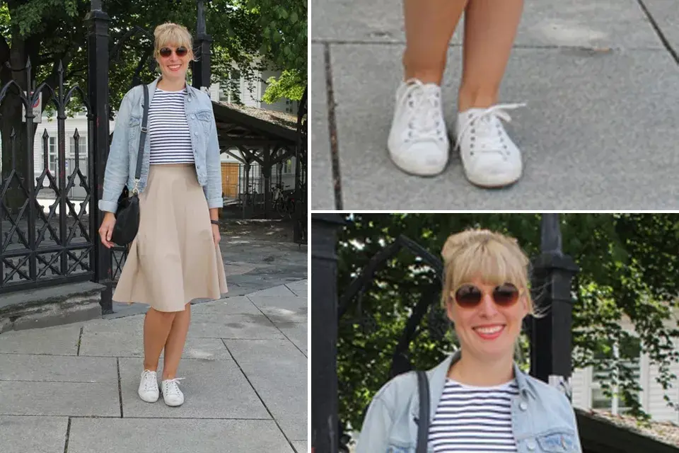 Nos encanta el look de esta chica con una falda midi, crop top a rayas y camperita de jean. Además, ultra cancheros esos anteojos