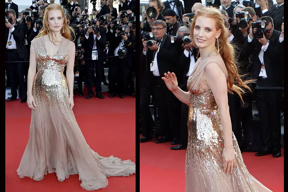 Jessica Chastain fue otra de las que apostó por el nude para su vestido de gasa de Gucci con bordado dorado en cascada y falda etérea y con mucho vuelo