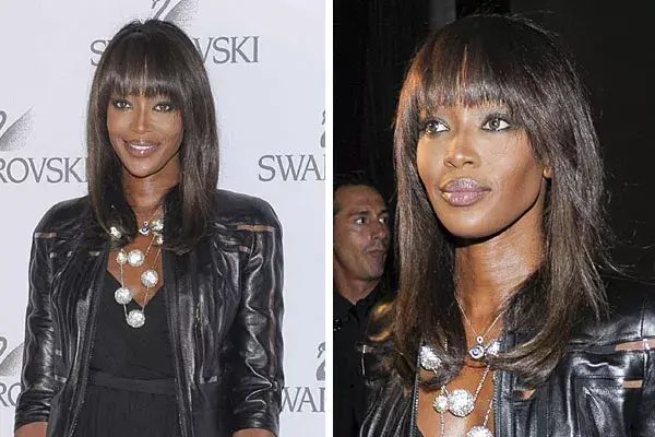 Naomi Campbell, con un flequillo desmechado, más largo en los costados para integrarse al resto del pelo