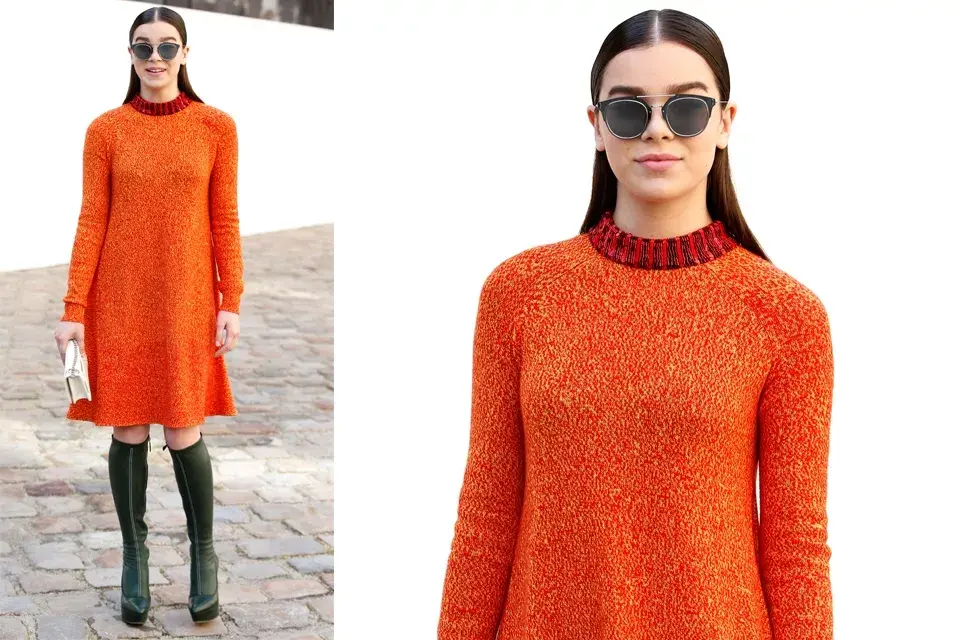 La actriz Hailee Steinfeld eligió un vestido naranja tejido bien calentito y unas maxibotas en verde militar. ¿Qué tal?