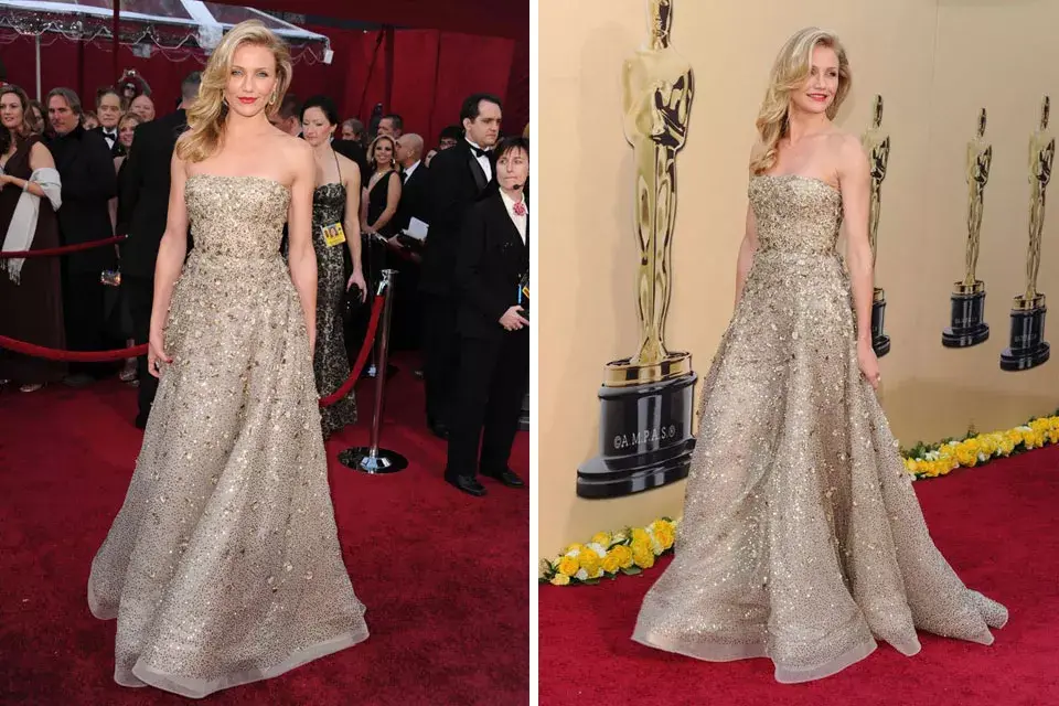 Cameron Diaz optó por un vestido dorado y brillos para los Oscars del 2010