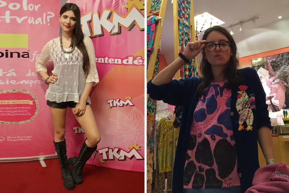 Chicas de revista: Eva de Dominici, en el evento de TKM y Buscapina Fem, y Malena Pichot, en el local de Juana de Arco
