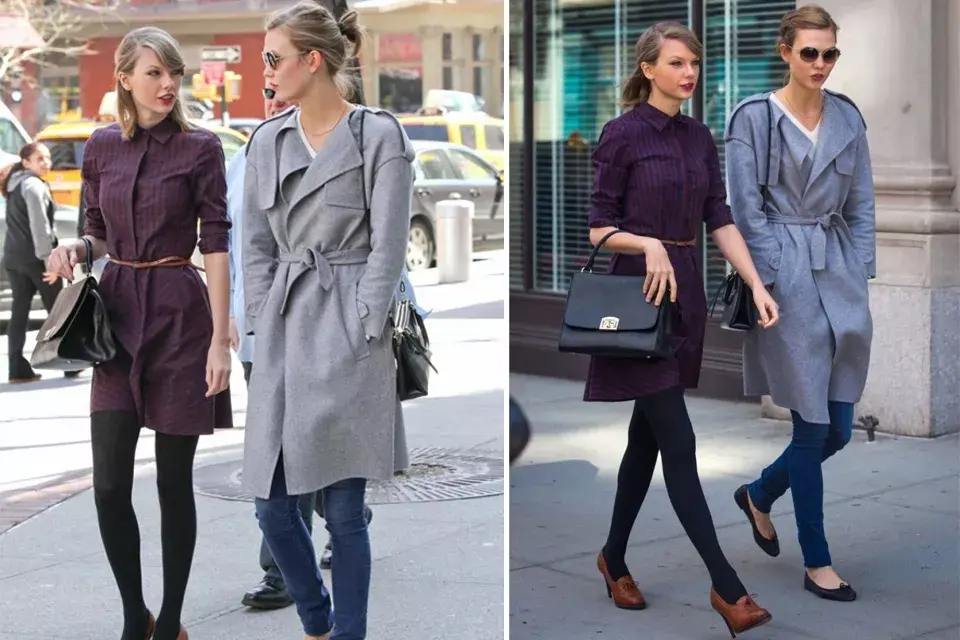 Acá las vemos con dos looks más invernales, pero siempre perfectas. Taylor (que nunca se baja de los tacos), con un vestidito camisero y zapatos acordonados bien ladylike. Karlie, más urbana, con un tapado gris ¡divino! y chatitas comodísimas para caminar