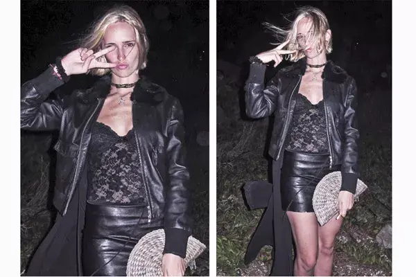 Cuero negro en mini y chaqueta, ideal para combinar con una remera de encaje. El detalle en el accesorio: abanico de mimbre