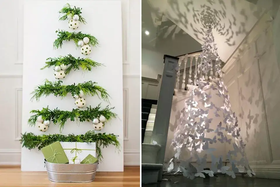 A la izquierda un árbol hecho con distintos tamaños de ramitas de pino (podés usar las artificiales o su versión original) borlas y un cesto de zinc para dejar los regalitos y las cartas. A la derecha, una idea con más vuelo, una propuesta hecha con mariposas blancas