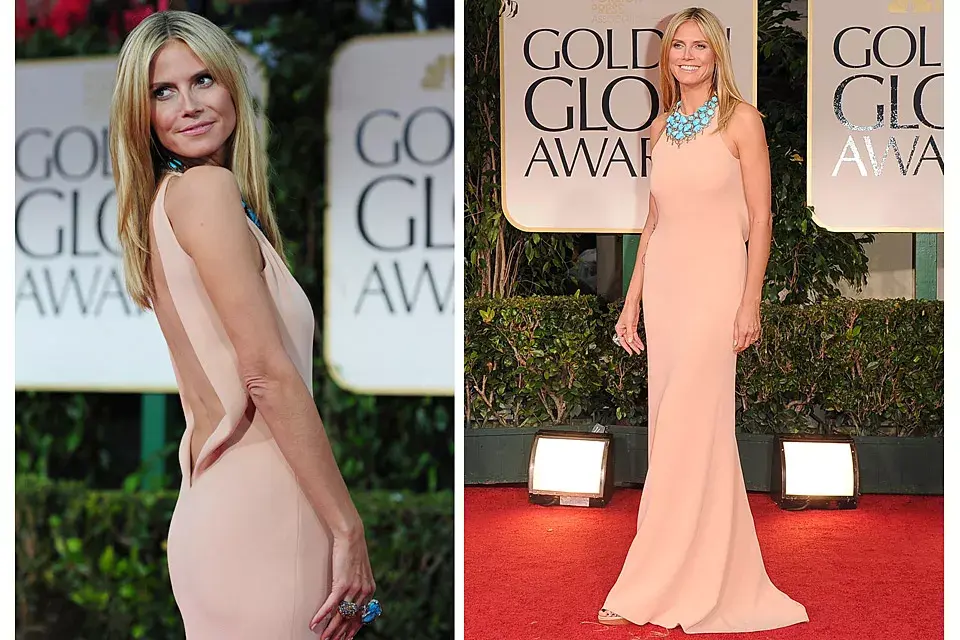 Solo apto para cuerpos privilegiados: Heidi Klum se puso un vestido tubo color camel de Calvin Klein con importante escote en la espalda que lució con un collar de turquesas