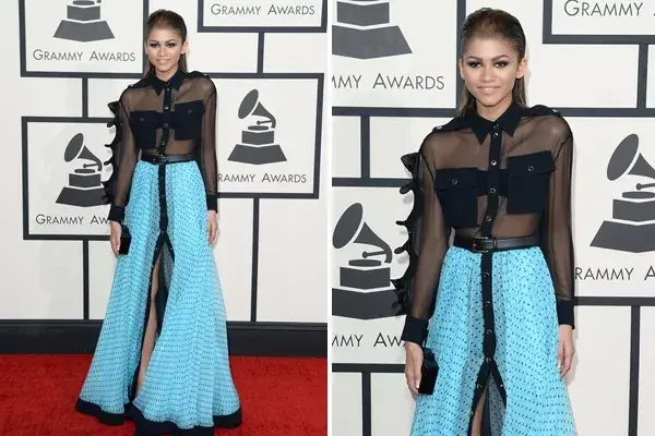 Este fue, quizá, el desacierto más evidente sobre la alfombra roja. Zendaya Colemant eligió una camisa de gasa en color negro y una falda turquesa a lunares negros
