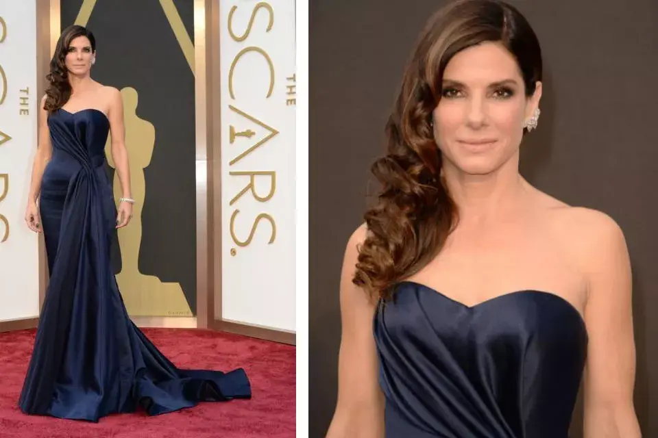 Sandra Bullock también eligió un strapless y cola (como la mayoría) para su vestido diseñado por Alexander Mac Queen