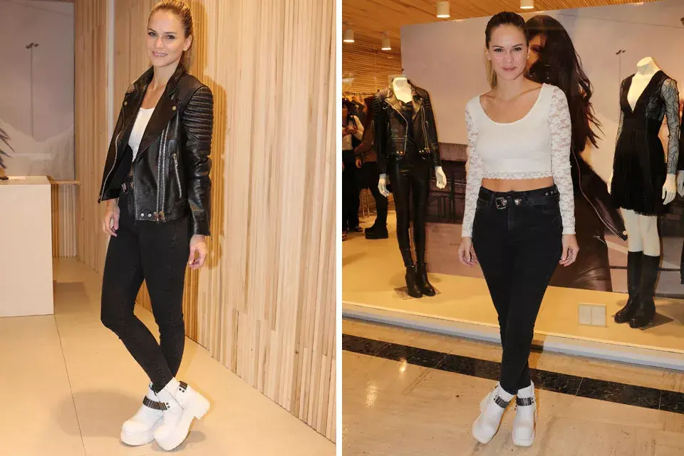 Luz Cipriota y un look rocker para salir por la noche porteña: chaqueta de cuero, chupines y crop top con transparencias. Hasta ahí, aprobado. Hablemos de las botas blancas...¡crimen a la moda!