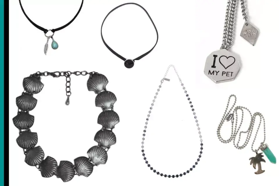 Collar pluma $164 de Complot / Ganrgantilla negra $410 de Maria Rivolta / Collar I love my pet $275 de Kona Queen / Gargantilla ostras $160 de Dolores Iguacel / Gargantilla plata y negra $330 de Maria Rivolta / Collar palmera $320 de Cuatro Musas