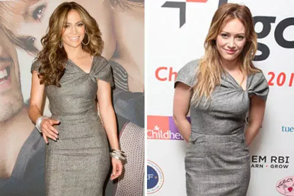 Jennifer López y Hillary Duff: un mismo diseño, más y menos ceñido al cuerpo, respectivamente