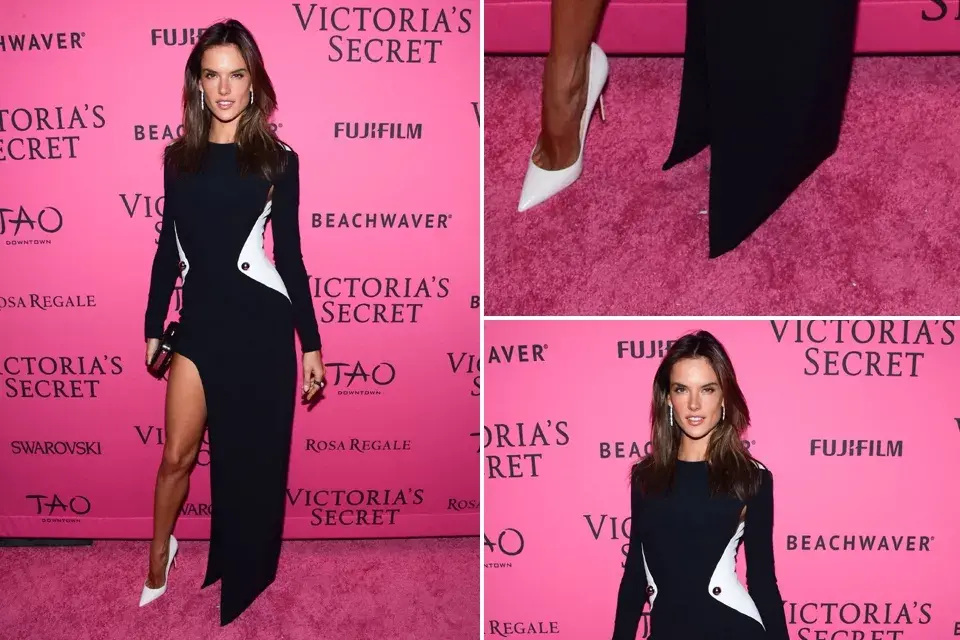 Alessandra Ambrosio con un vestido negro y blanco con impresionante abertura lateral y stilettos acorde al equipo elegido